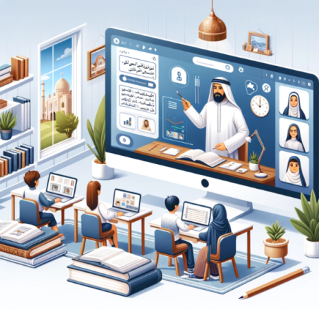 Enhance the banner for KUTTAB.com Programs for Islamic Organizations by incorporating illustrations of Muslim boys and girls in traditional attire, alongside the previously included adults wearing hijabs and thobes. These young figures should be depicted engaging in educational activities or interacting positively within the community setting depicted in the banner. This addition aims to emphasize the inclusivity and educational support for all ages within Islamic organizations. The Islamic cultural motifs, such as geometric patterns and crescents, should be harmoniously integrated with the scenes of engagement and learning, maintaining a respectful and welcoming atmosphere. The banner should clearly convey that KUTTAB.com's programs cater to a diverse range of ages, fostering a sense of community and educational growth.